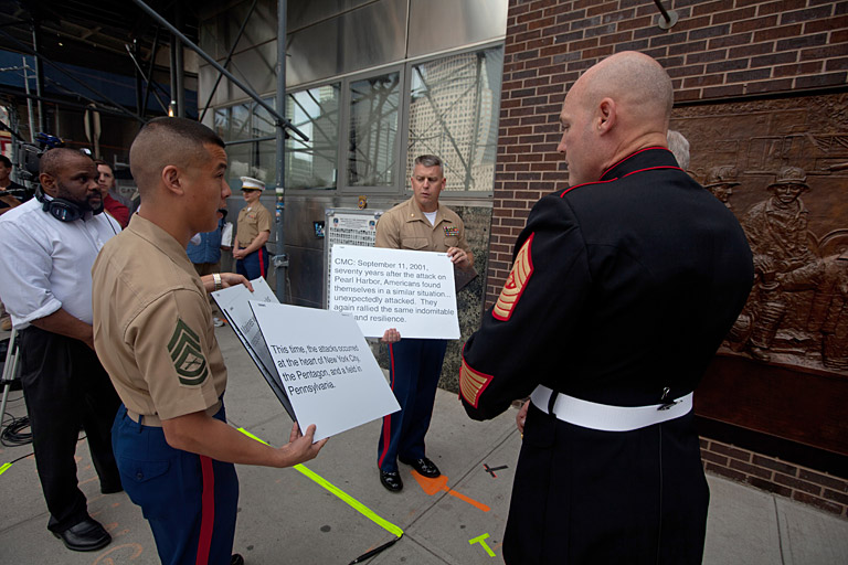 Sgt. Maj. Micheal P. Barrett, 17th Sergeant Major of the Marine Corps, films part of the 2011 Marine Corps Birthday Message with the Commandant of the Marine Corps at the FDNY Memorial Wall and Ten House, the Home of Engine 10 and Ladder 10, Aug. 24, 2011. Photo by Sgt. Randall A. Clinton (www.marines.mil)