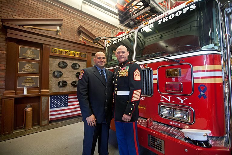 FDNY Ladder 10 Firefighter Joe Gonzalez and Sgt. Maj. Micheal P. Barrett (USMC). Photo by Sgt. Randall A. Clinton (www.marines.mil)